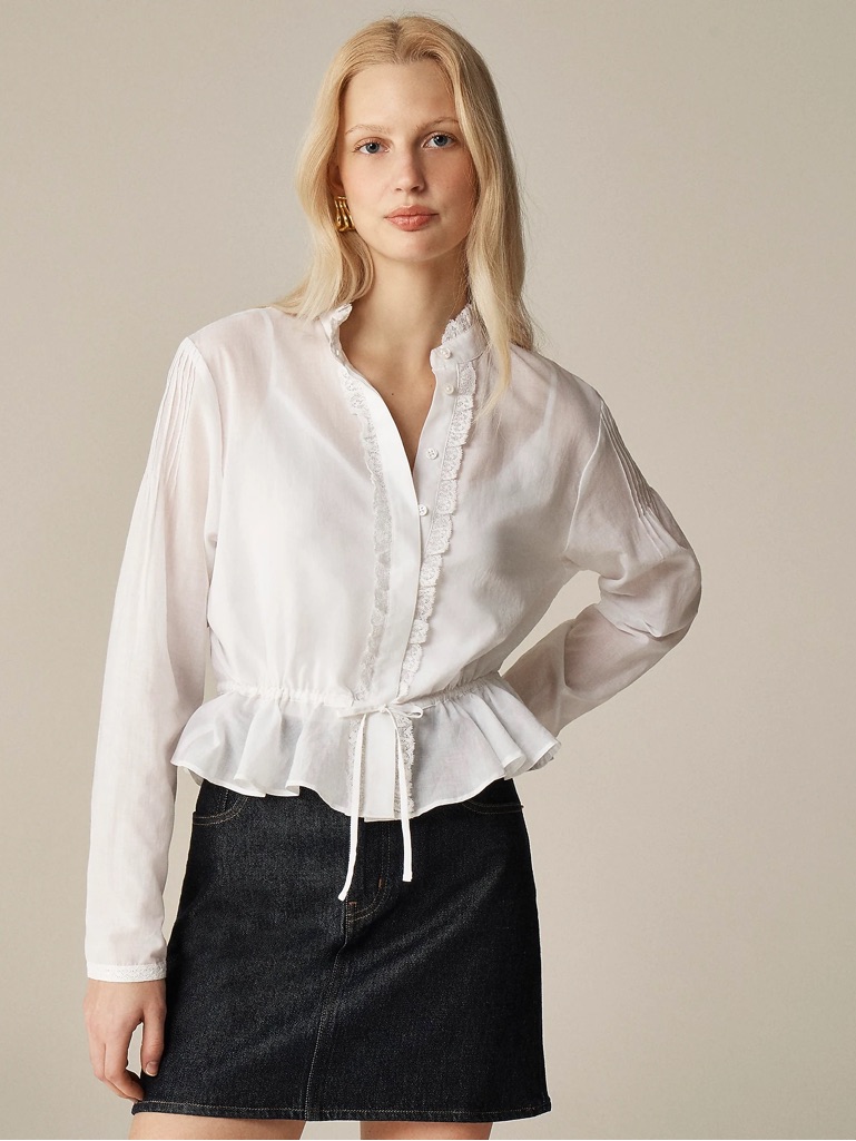 J Crew- Nwt Lace Trimmed Cinched Waist Light Blue Blouse